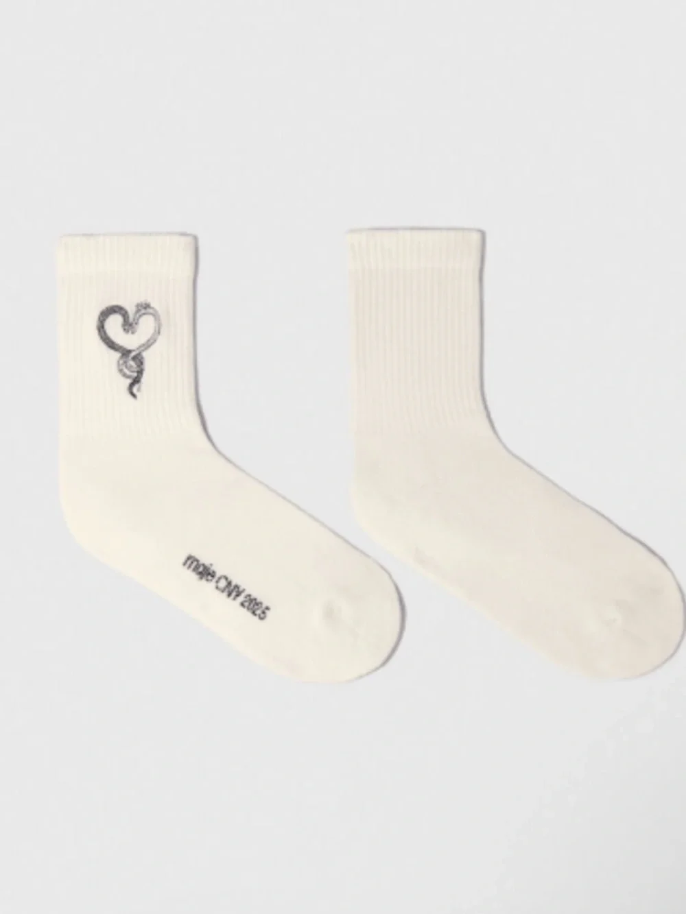 Maje Rhinestone Crystal Heart Snake High Ribbed White Cotton Socks NEW